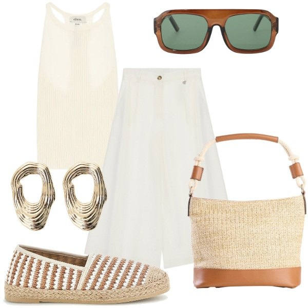 Outfit donna - Estate Urbana: Total Light Chic. Stile Casual chic per Tutti i giorni. Abbinamento con borse a mano, orecchini, occhiali da sole, top, pantaloni a palazzo, espadrillas.