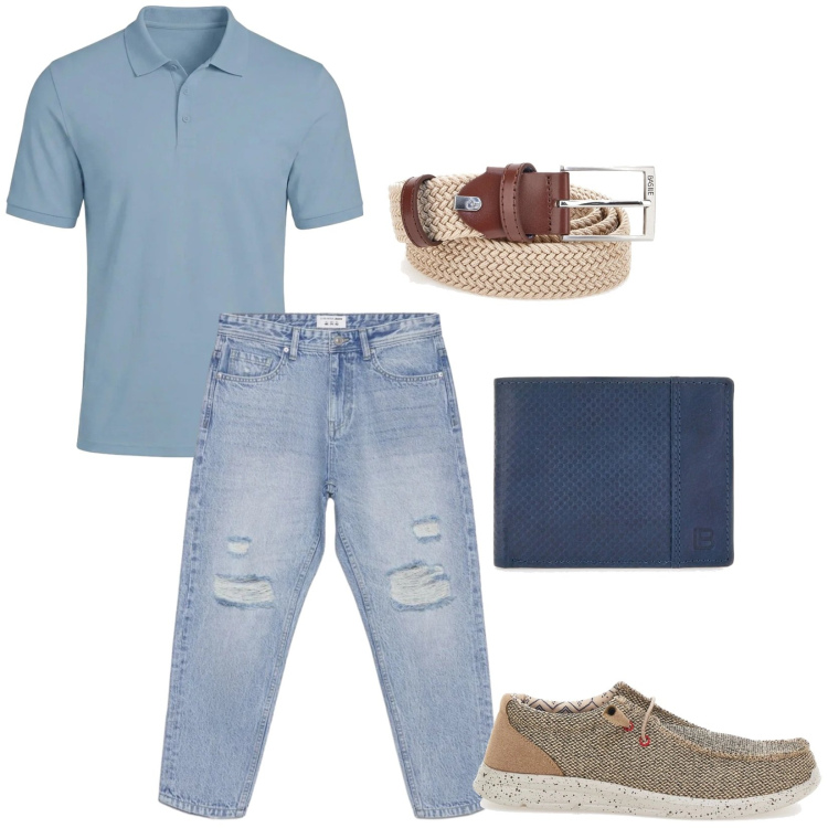 Outfit uomo - Total look #2446002. Stile Casual per Tutti i giorni. Abbinamento con jeans strappati, portafogli, scarpe stringate, cinture, polo.