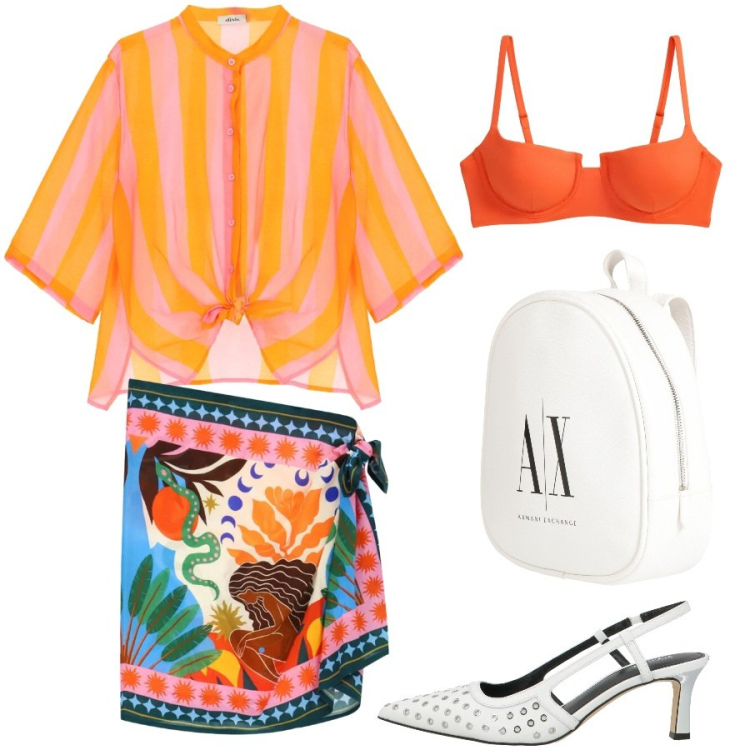 Outfit donna - Estate a colori. Stile Trendy per Tutti i giorni. Abbinamento con zaini, décolleté, minigonne, camicie, bikini.