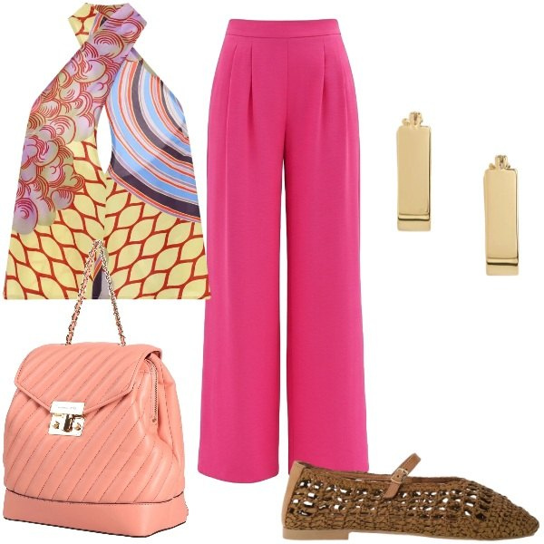 Outfit donna - Esplosione di Colore: Fucsia & Corallo. Stile Casual chic per Serata fuori. Abbinamento con zaini, top, ballerine, pantaloni a palazzo, orecchini.