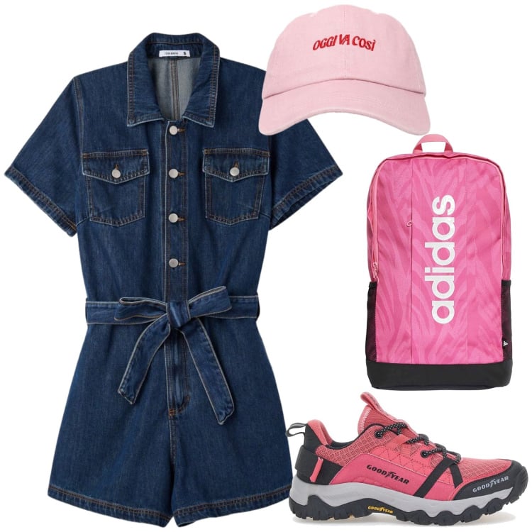 Outfit donna - Total look #2446007. Stile Sporty chic per Tutti i giorni. Abbinamento con tuta corta, cappelli con visiera, scarpe sportive, zaini.