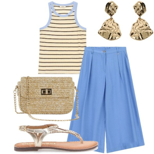 Outfit donna - Azzurro Cielo & Dettagli Gold. Stile Casual chic per Tutti i giorni. Abbinamento con borse a tracolla, top, orecchini, pantaloni a palazzo, sandali.