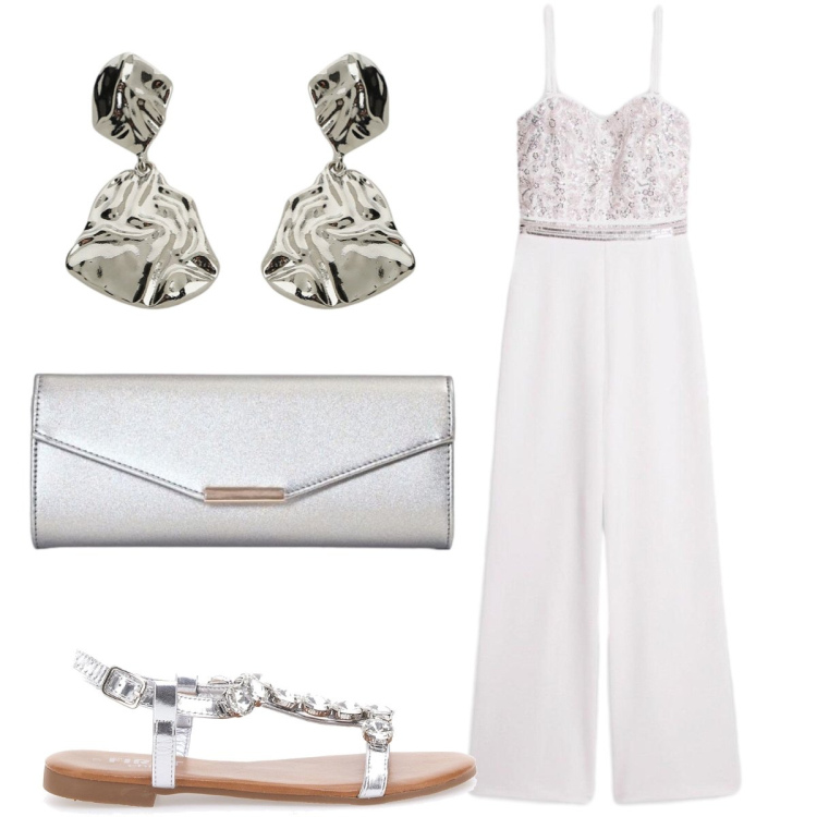 Outfit donna - Matrimonio. Stile Chic per Cerimonia. Abbinamento con tute, orecchini, clutch, sandali gioiello.