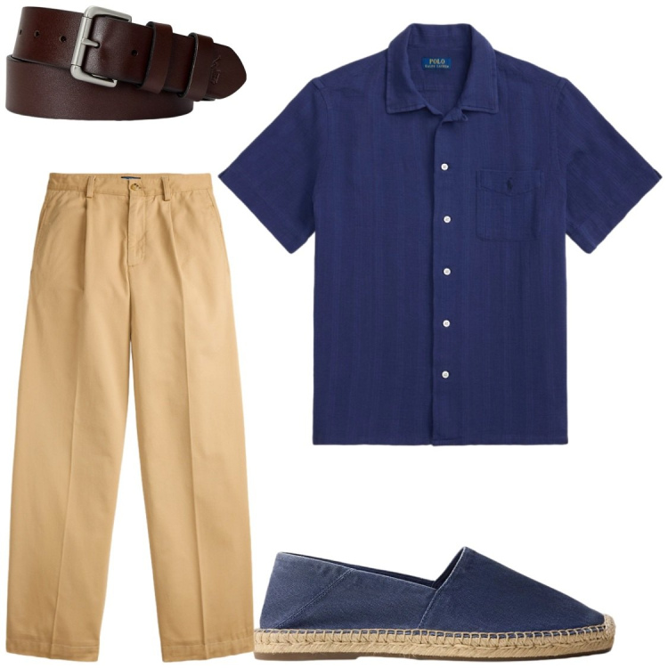 Outfit uomo - Al resort. Stile Trendy per Serata speciale. Abbinamento con cinture, pantaloni, espadrillas, camicie a manica corta.