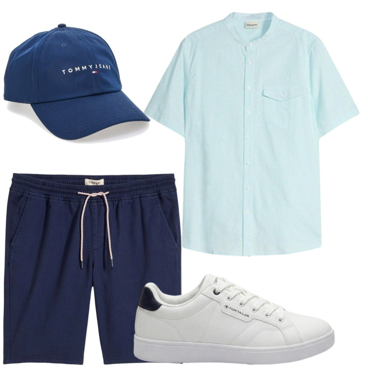 Outfit uomo - Vacanze. Stile Trendy per Tutti i giorni. Abbinamento con bermuda, sneakers, camicie a manica corta, cappelli con visiera.