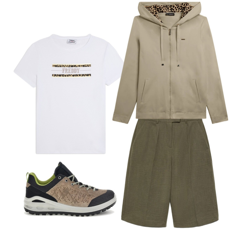 Outfit donna - Total look #2446016. Stile Military per Sport. Abbinamento con bermuda, felpe con cappuccio, t-shirt, scarpe sportive.