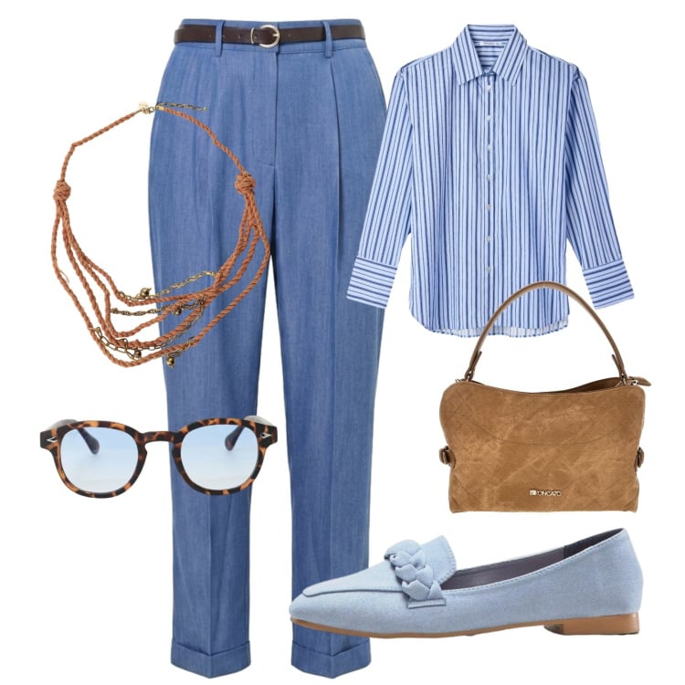 Outfit donna - Sfumature di azzurro. Stile Casual chic per Ufficio. Abbinamento con mocassini, collane, occhiali da sole, camicie, pantaloni, borse a tracolla.