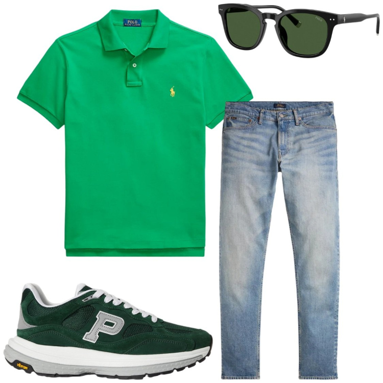 Outfit uomo - Con gli amici. Stile Trendy per Serata speciale. Abbinamento con polo, occhiali da sole, jeans, sneakers.