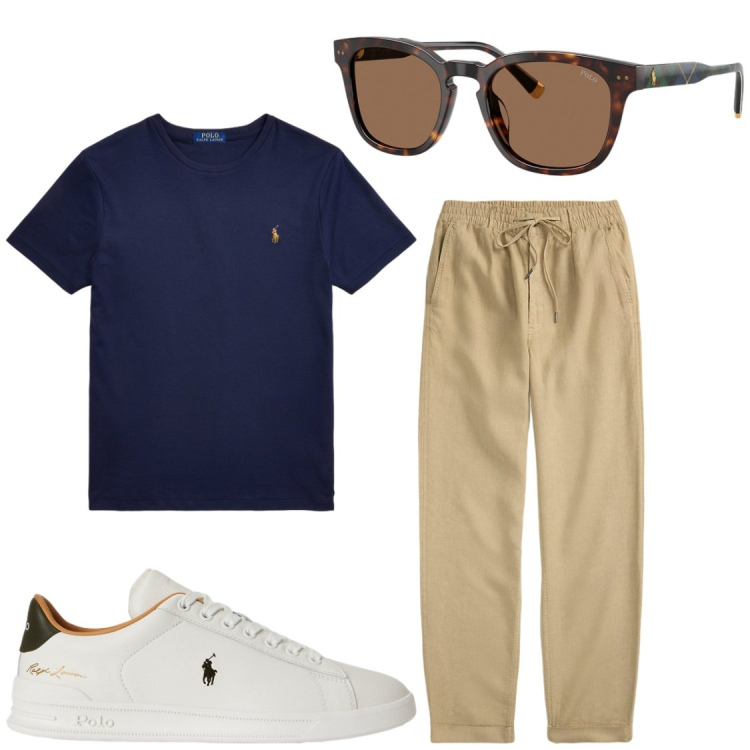 Outfit uomo - Stai bene così. Stile Trendy per Tutti i giorni. Abbinamento con pantaloni, t-shirt, occhiali da sole, sneakers.