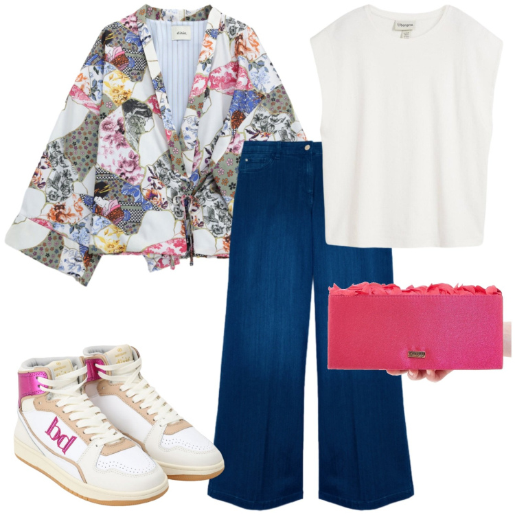 Outfit donna - Total look #2446029. Stile Boho per Tutti i giorni. Abbinamento con canottiere, sneakers alte, cappotti, jeans, pochette.