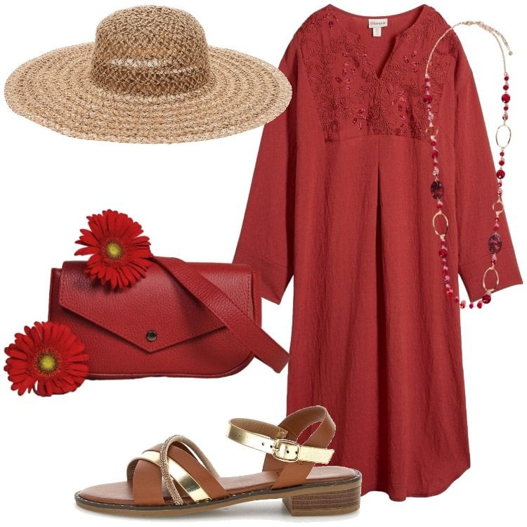 Outfit donna - Caftano leggero Donna Curvy Italy. Stile Etnico per Tutti i giorni. Abbinamento con caftani, borse a tracolla, collane, sandali, cappelli.