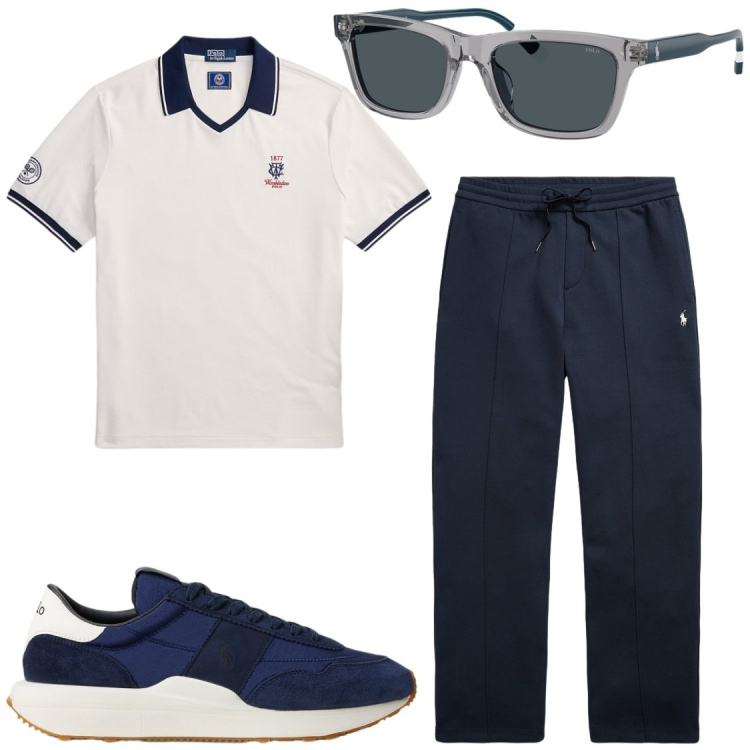 Outfit uomo - Comodità. Stile Trendy per Tutti i giorni. Abbinamento con occhiali da sole, polo, sneakers, pantaloni.