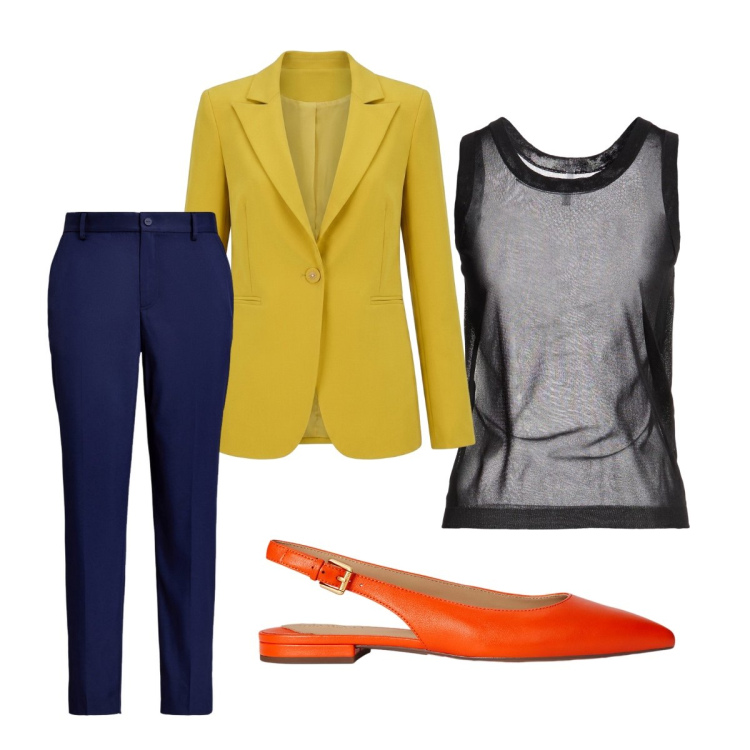 Outfit donna - Agosto. Stile Mannish per Tutti i giorni. Abbinamento con top, blazer, pantaloni, ballerine.