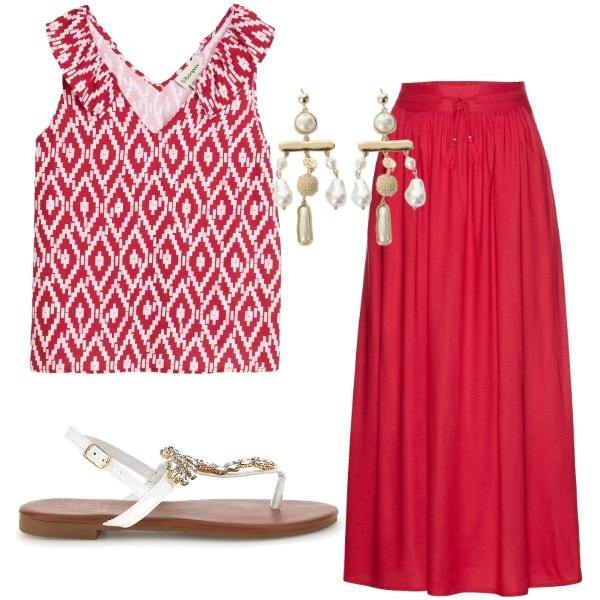 Outfit donna - Color corallo. Stile Casual chic per Tutti i giorni. Abbinamento con gonne lunghe, top, orecchini, sandali gioiello.