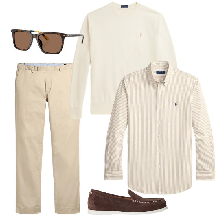 Outfit uomo - Agosto al resort. Stile Business/Elegante per Tutti i giorni. Abbinamento con pantaloni chino, occhiali da sole, scarpe stringate, camicie, felpe.