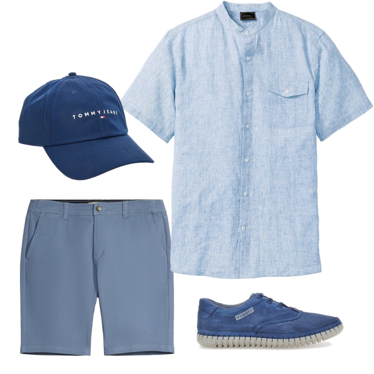 Outfit uomo - Colori d\'acqua. Stile Casual per Tutti i giorni. Abbinamento con camicie a manica corta, bermuda, scarpe stringate, cappelli con visiera.