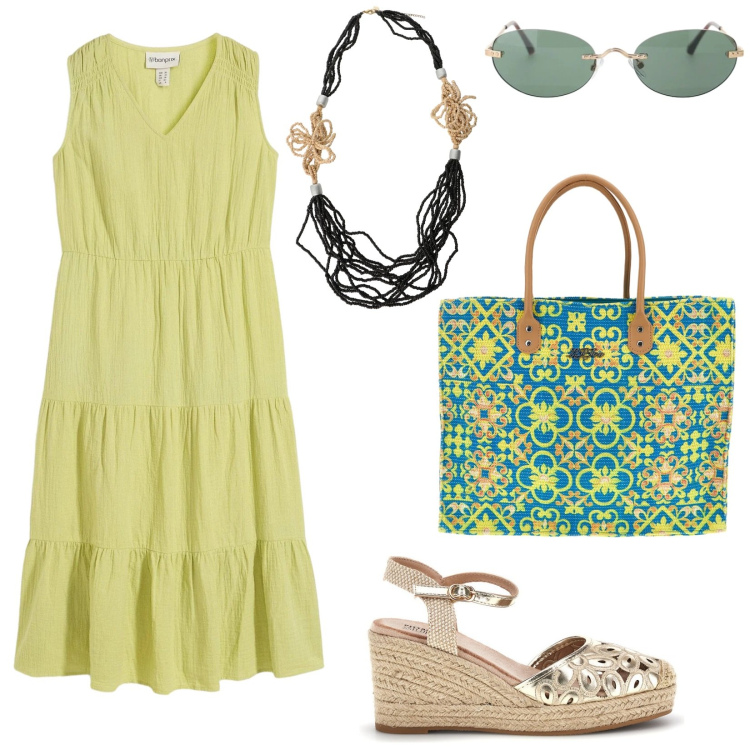 Outfit donna - Estate a colori. Stile Etnico per Tutti i giorni. Abbinamento con vestiti midi/longuette, collane, occhiali da sole, borse a spalla, zeppe.