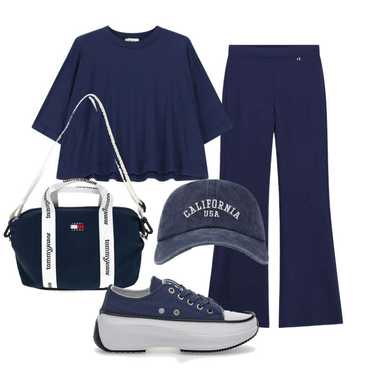 Outfit donna - Total look #2446068. Stile Sporty chic per Tutti i giorni. Abbinamento con cappelli con visiera, t-shirt, pantaloni, sneakers alte, shopping bag.