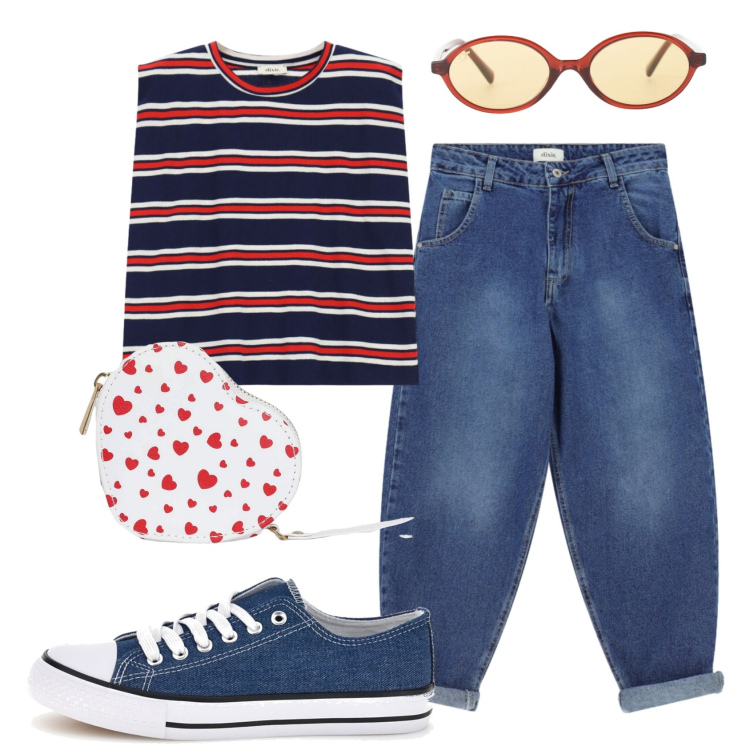 Outfit donna - Total look #2446069. Stile Urban per Tutti i giorni. Abbinamento con portafogli, jeans, top, occhiali da sole, sneakers.