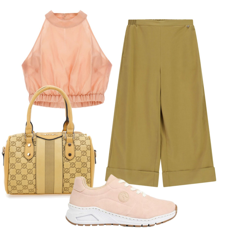Outfit donna - Total look #2446070. Stile Casual chic per Tutti i giorni. Abbinamento con sneakers, pantaloni a palazzo, top, borse a spalla.
