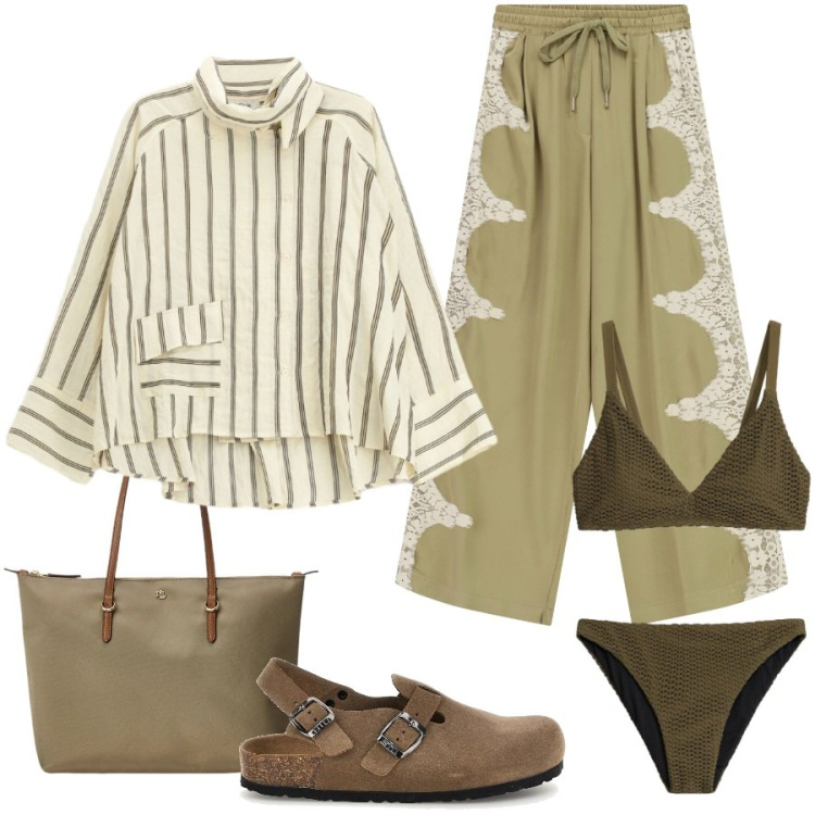 Outfit donna - Comoda ma raffinata in totale relax. Stile Casual chic per Mare. Abbinamento con bikini, pantaloni a palazzo, camicie, borse tote, sabot.