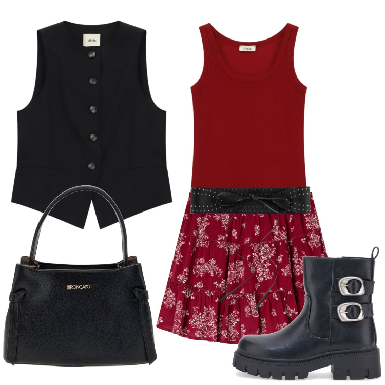 Outfit donna - Total look #2446073. Stile Rock per Serata fuori. Abbinamento con minigonne, cinture, top, gilet, stivaletti, borse a tracolla.