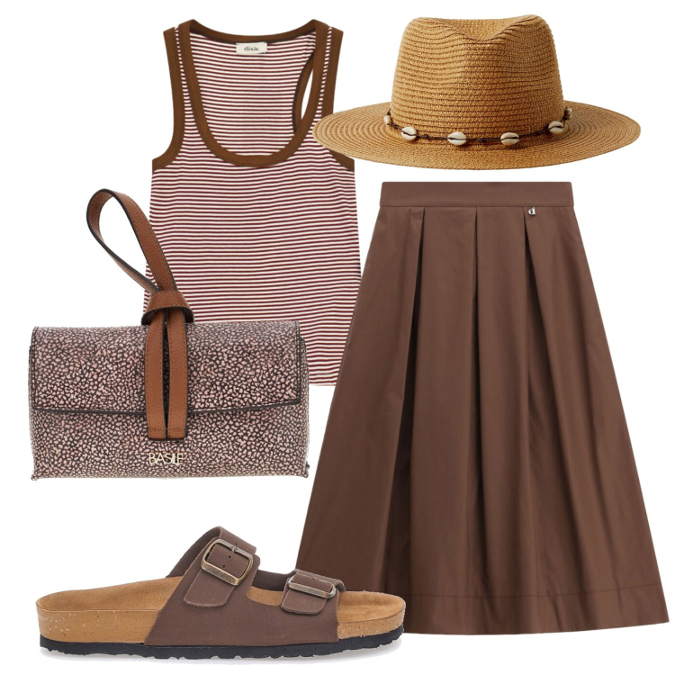 Outfit donna - Total look #2446074. Stile Trendy per Tutti i giorni. Abbinamento con cappelli, gonne longuette, canottiere, ciabatte, borse a tracolla.