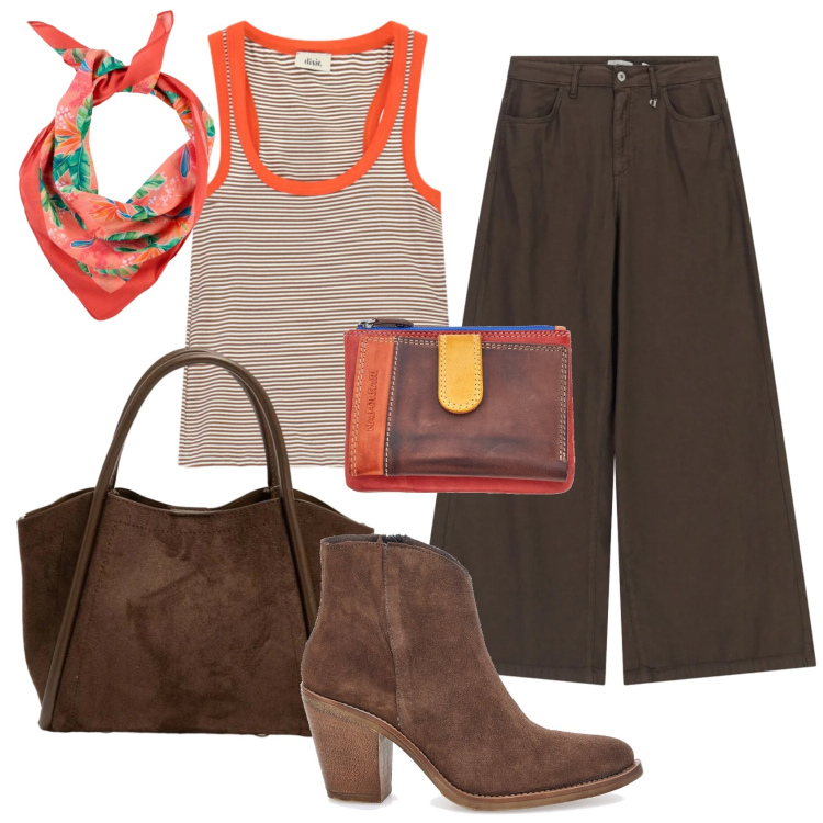 Outfit donna - Total look #2446078. Stile Vintage retrò per Tutti i giorni. Abbinamento con foulard, pantaloni a palazzo, canottiere, borse a spalla, portafogli, stivaletti.