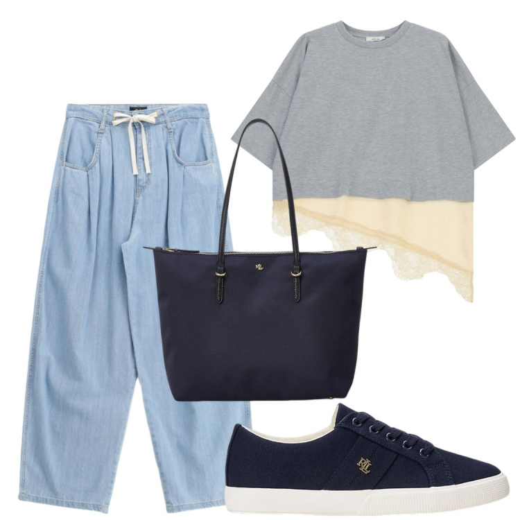 Outfit donna - A lavoro. Stile Casual per Ufficio. Abbinamento con t-shirt, jeans, borse tote, sneakers.
