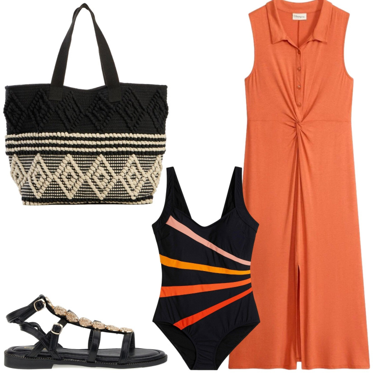 Outfit donna - Total look #2446090. Stile Casual per Mare. Abbinamento con vestiti chemisier, costumi interi, shopping bag, sandali.
