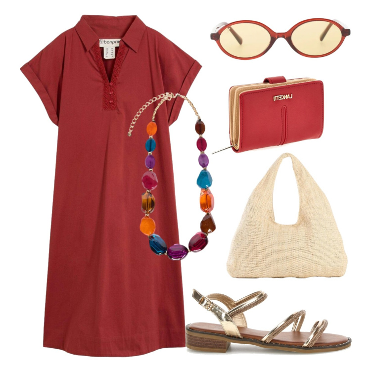 Outfit donna - Agosto in città. Stile Minimal per Tutti i giorni. Abbinamento con shopping bag, vestiti corti, occhiali da sole, collane, sandali col tacco, portafogli.