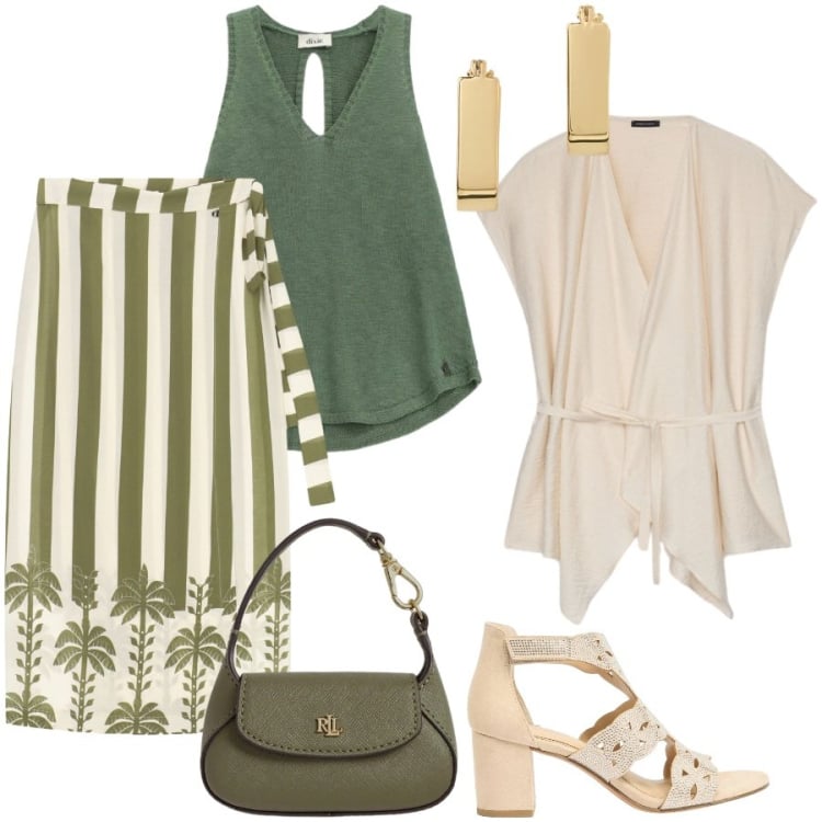 Outfit donna - Aperitivo al tramonto. Stile Glamour per Serata fuori. Abbinamento con sandali col tacco, gonne lunghe, canottiere, caftani, borse a mano, orecchini.