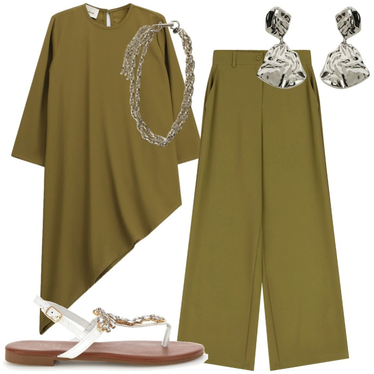 Outfit donna - Il Fascino delle linee orientali. Stile Chic per Serata fuori. Abbinamento con pantaloni a palazzo, collane, bluse, orecchini, sandali gioiello.
