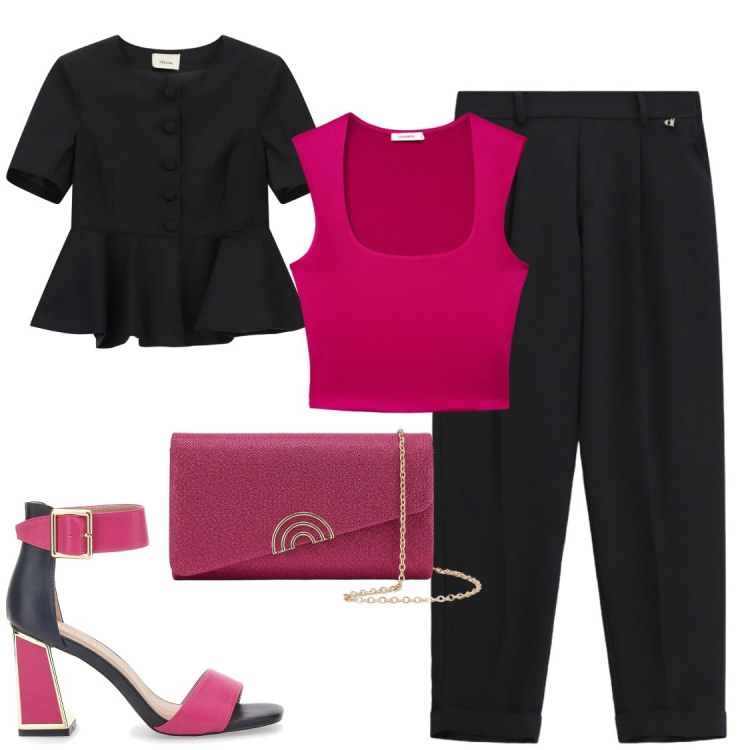 Outfit donna - Eventi. Stile Chic per Serata fuori. Abbinamento con top, pantaloni, blazer, sandali col tacco, pochette.