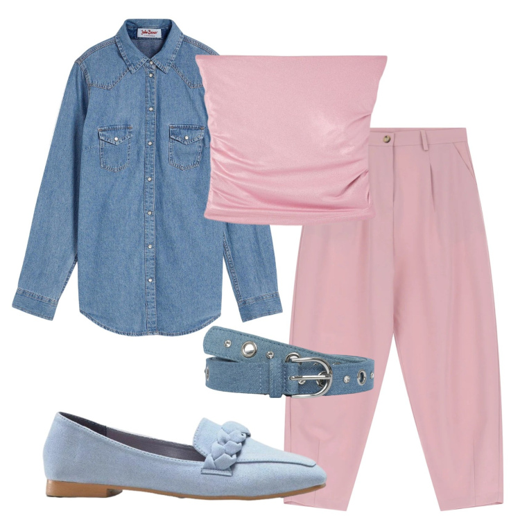 Outfit donna - Total look #2446108. Stile Trendy per Tutti i giorni. Abbinamento con camicie, mocassini, cinture, top, pantaloni.
