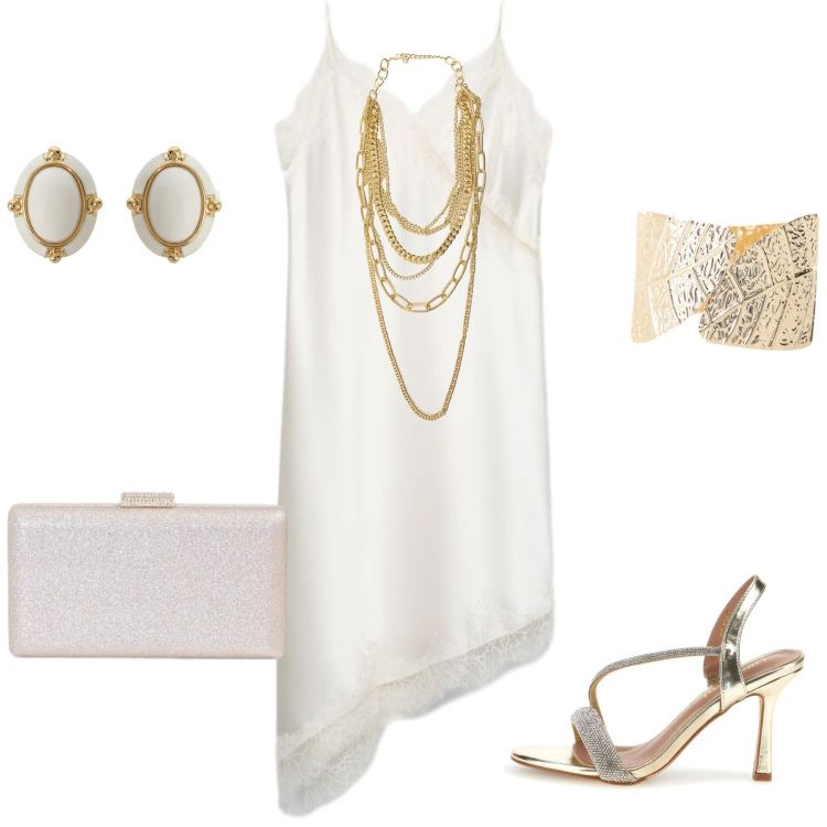 Outfit donna - Bianco e oro. Stile Chic per Serata fuori. Abbinamento con vestiti asimmetrici, clutch, orecchini, braccialetti, collane, sandali col tacco.