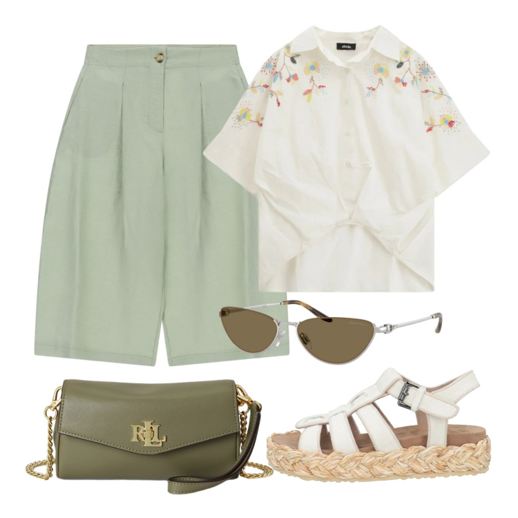 Outfit donna - Agosto in città. Stile Casual per Tutti i giorni. Abbinamento con espadrillas, camicie a manica corta, shorts, occhiali da sole, portafogli.