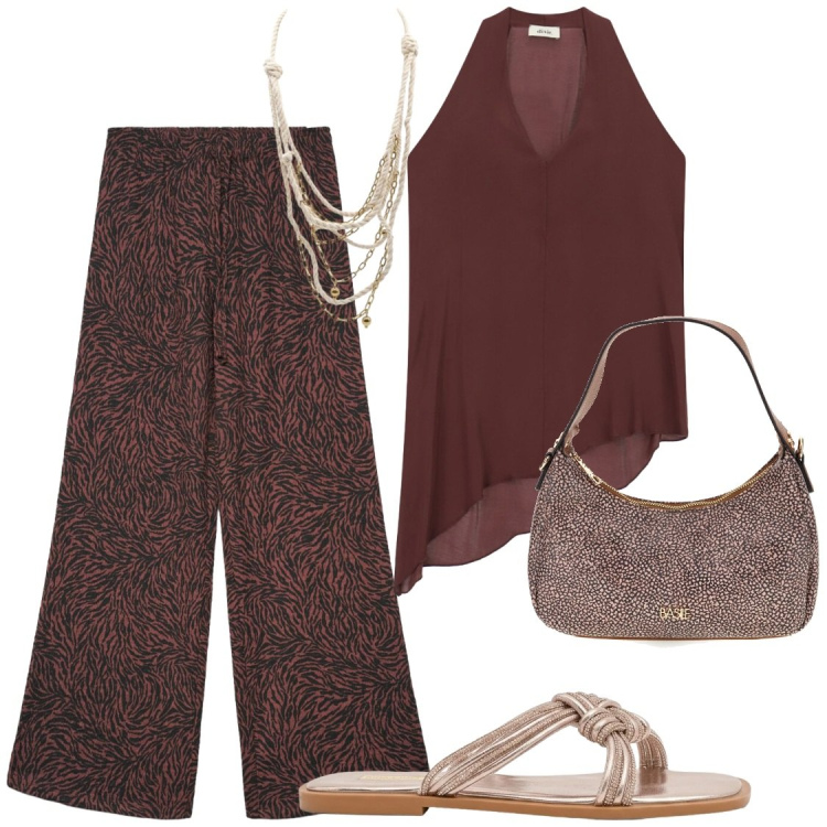 Outfit donna - Raffinatezza e comodità. Stile Chic per Serata fuori. Abbinamento con pantaloni, top, collane, sandali, borse a tracolla.
