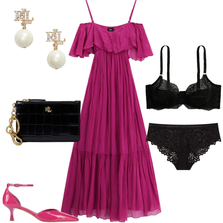 Outfit donna - Chic serata evento. Stile Chic per Serata fuori. Abbinamento con décolleté, culotte, vestiti lunghi, orecchini, reggiseni, portafogli.