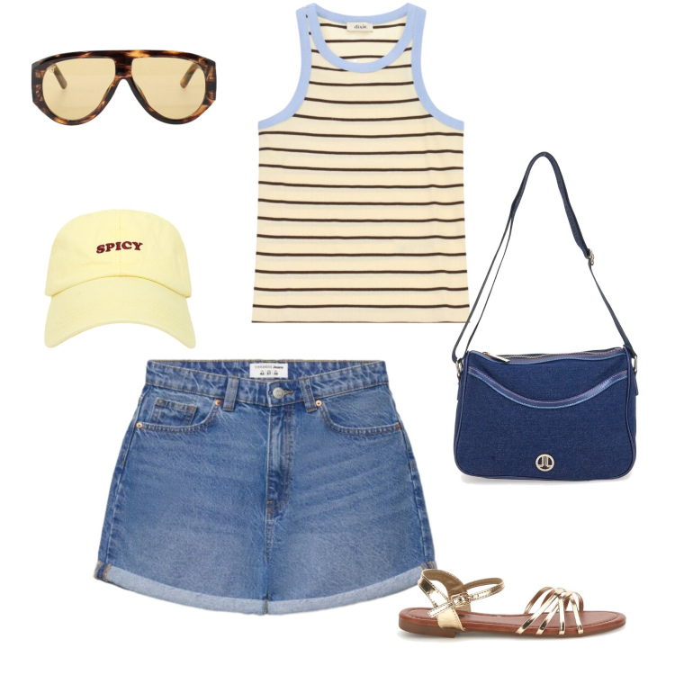 Outfit donna - Shopping al mercato. Stile Urban per Tutti i giorni. Abbinamento con shorts, cappelli con visiera, occhiali da sole, top, sandali, borse a tracolla.