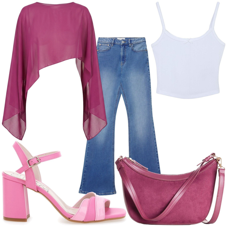 Outfit donna - Serata con amici. Stile Glamour per Serata fuori. Abbinamento con borse a tracolla, jeans a zampa, canottiere, top, sandali col tacco.
