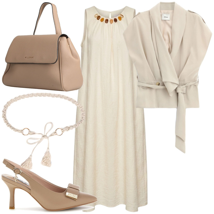 Outfit donna - Serata chic. Stile Chic per Serata fuori. Abbinamento con zaini, blazer, vestiti midi/longuette, cinture, décolleté.