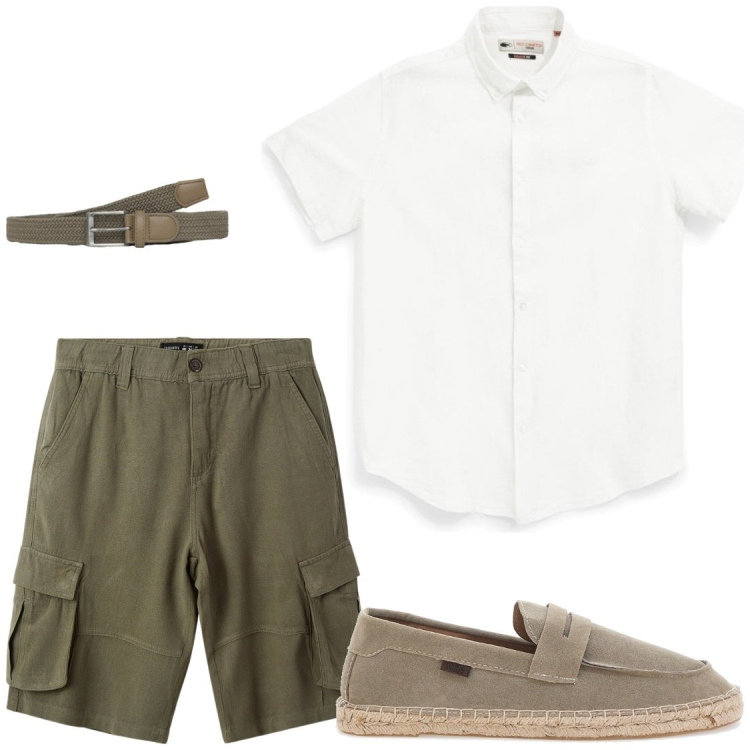 Outfit uomo - Passeggiate estive. Stile Trendy per Serata speciale. Abbinamento con bermuda, cinture, espadrillas, camicie a manica corta.