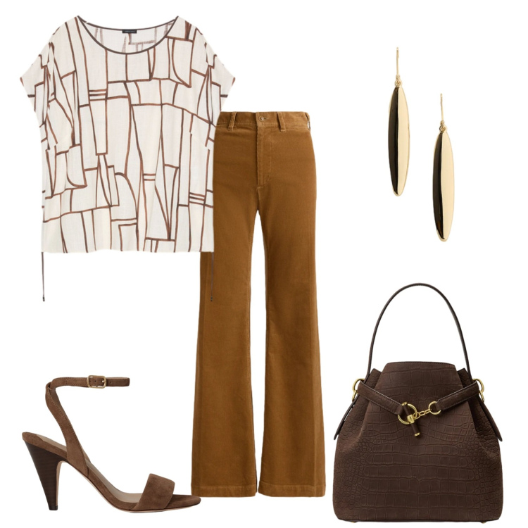 Outfit donna - Total look #2446166. Stile Chic per Ufficio. Abbinamento con t-shirt, orecchini, sandali in pelle, pantaloni, borse a secchiello.
