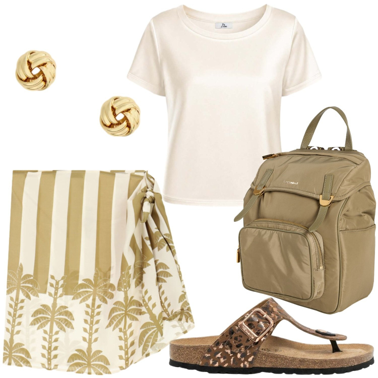 Outfit donna - Passeggiata al mare. Stile Casual chic per Tutti i giorni. Abbinamento con zaini, infradito, top, minigonne, orecchini.
