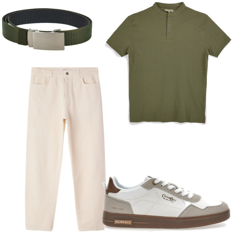 Outfit uomo - Polo alla coreana. Stile Trendy per Serata speciale. Abbinamento con pantaloni, sneakers, cinture, t-shirt.