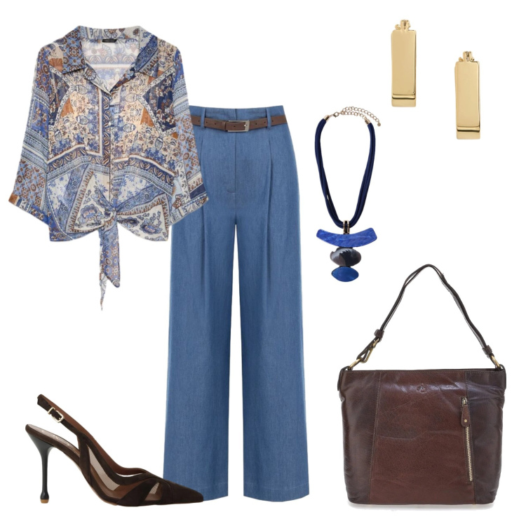 Outfit donna - Total look #2446169. Stile Chic per Ufficio. Abbinamento con décolleté, pantaloni a palazzo, bluse, ciondoli, orecchini, borse a spalla.