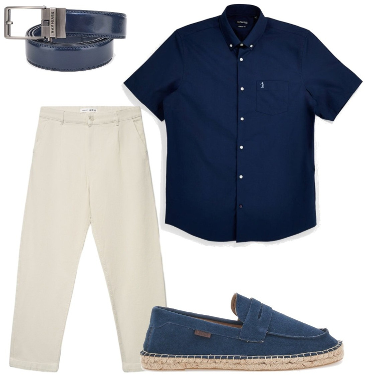 Outfit uomo - Camicia a manica corta. Stile Trendy per Serata speciale. Abbinamento con pantaloni chino, camicie a manica corta, espadrillas, cinture.