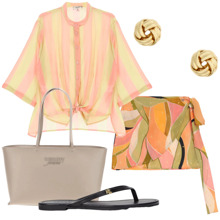 Outfit donna - Total look #2446174. Stile Casual chic per Tutti i giorni. Abbinamento con minigonne, camicie, ciabatte, orecchini, borse a spalla.