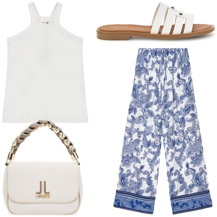 Outfit donna - Stile mediterraneo. Stile Chic per Tutti i giorni. Abbinamento con pantaloni, top, borse a tracolla, ciabatte.
